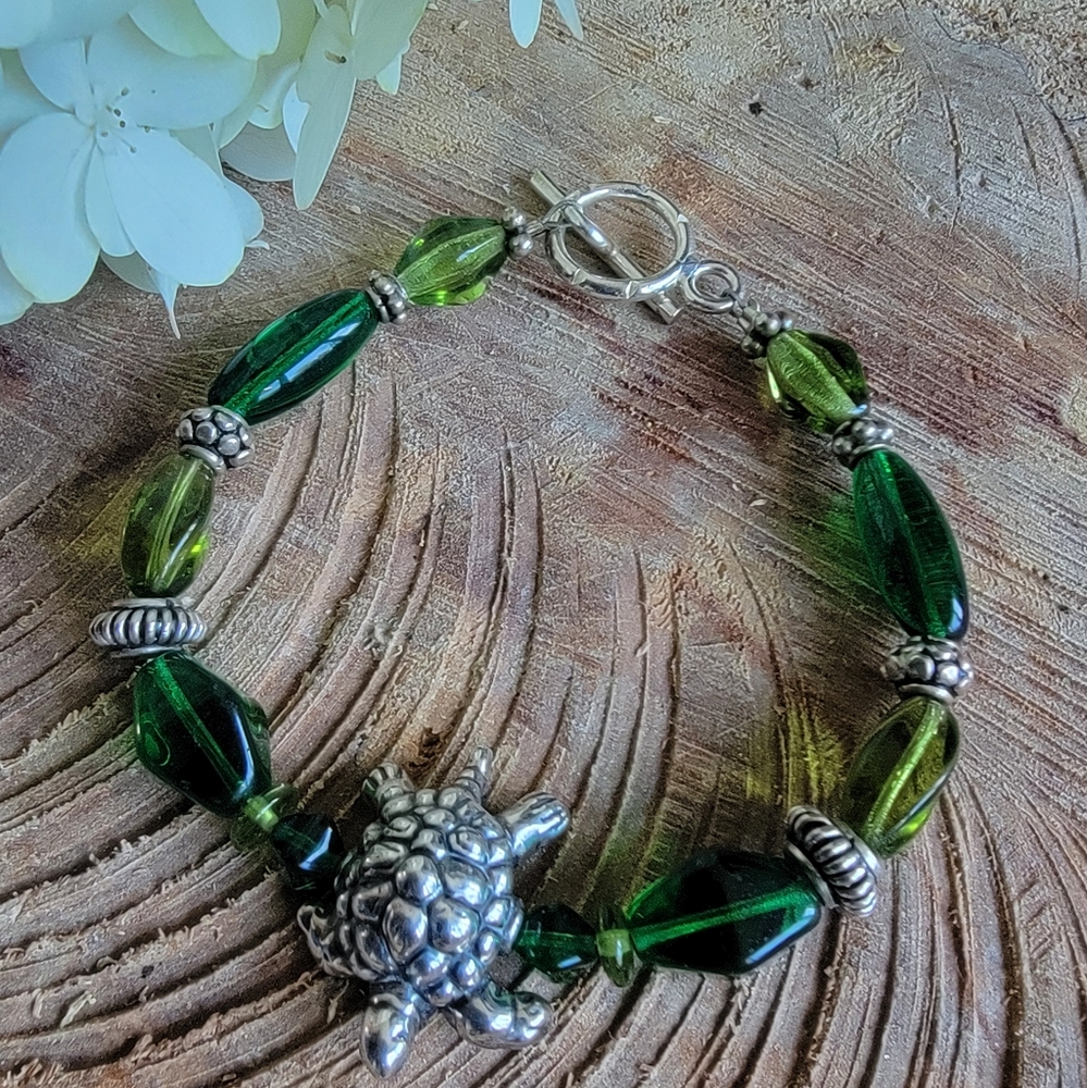 Handcrafted 925 Turtle Charm Bracelet With Green Beads.